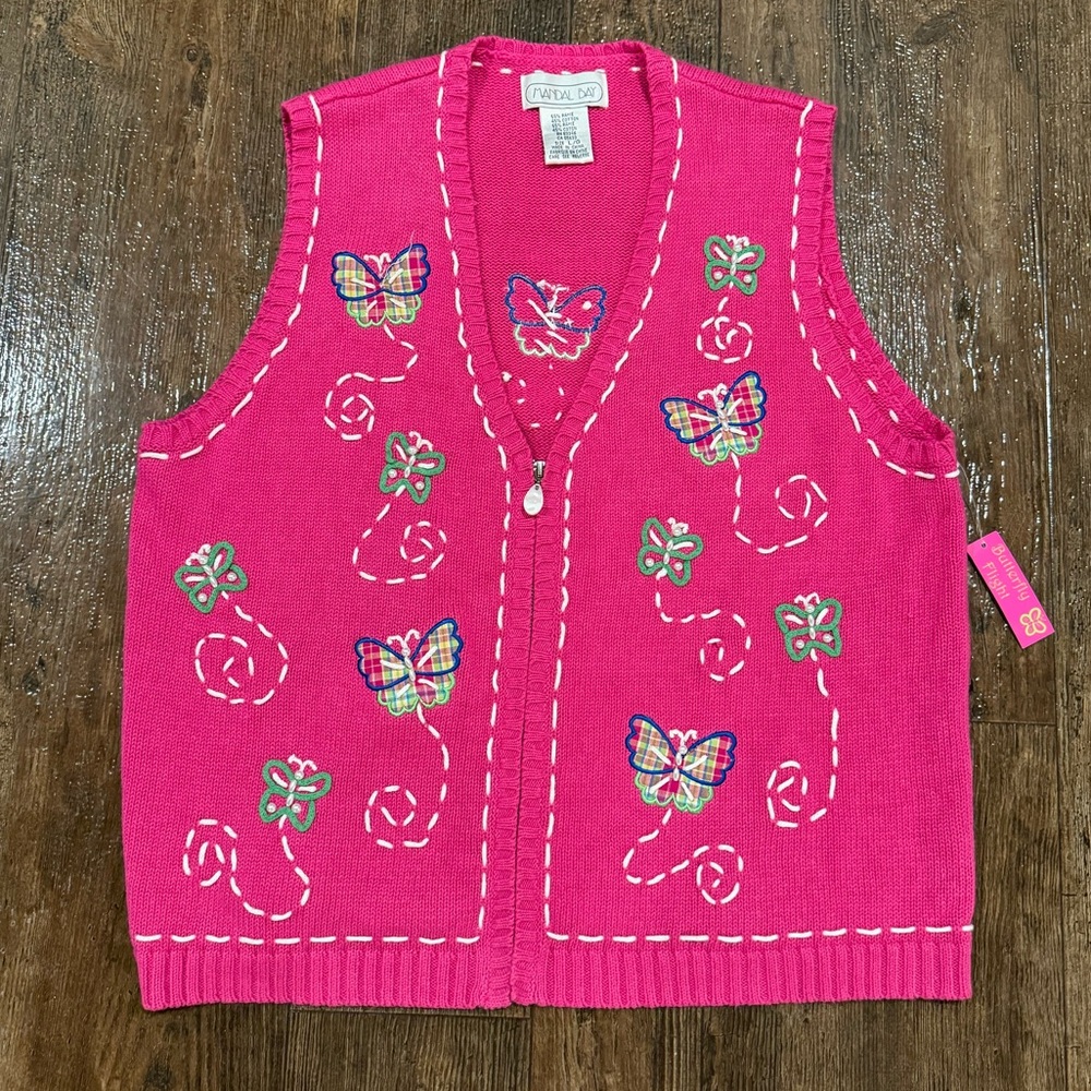 Mandal Bay Sweater Vest L Pink Butterflies Zip Up Embroidery  NWT NOS